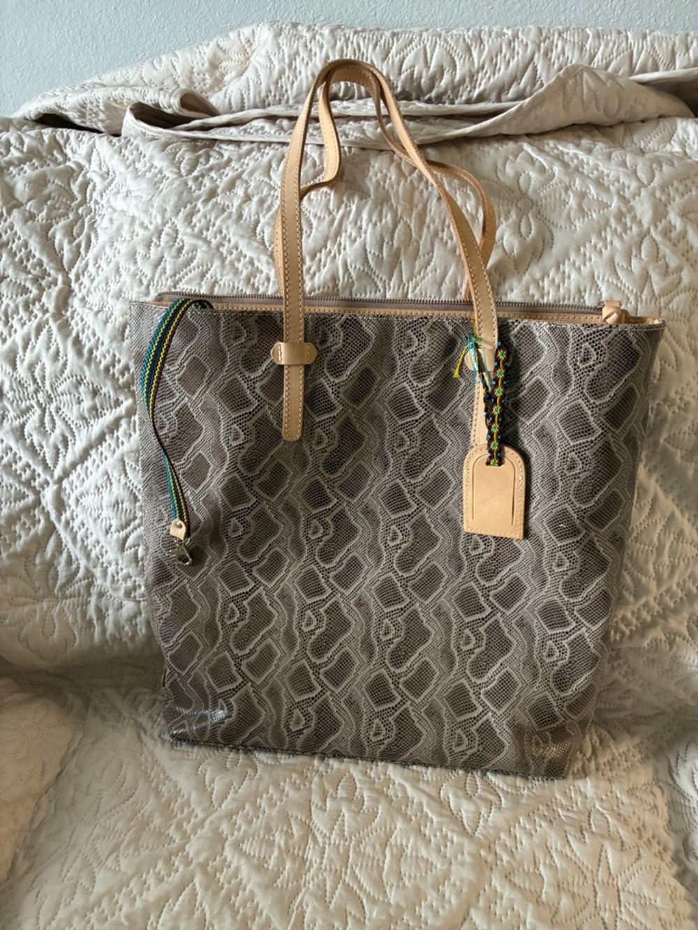 New Consuela Snake-Print Tote Bag with Tan Handles. Large bag